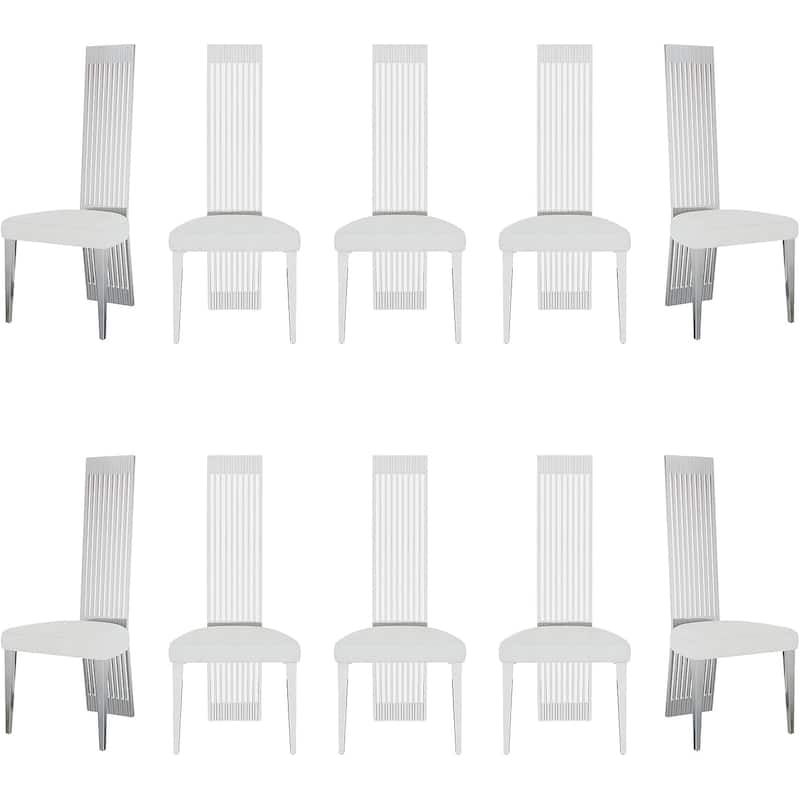 White Boucle and Silver Dining Chairs with Mirrored Silver Vertical Metal Tube Back - Set of 10