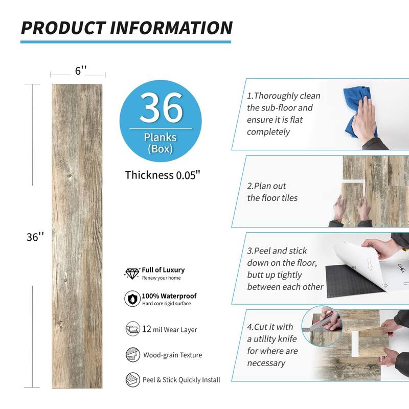 Art3d 36-Pack Peel and Stick Vinyl Floor Tiles Wood Look Planks,54sq.ft