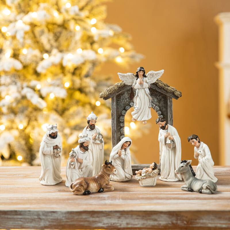 Glitzhome 11 Pcs Ivory Resin Nativity Figurine Set