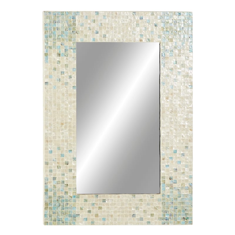 Mother of Pearl Shell Handmade Mosaic Wall Mirror with Blue Corners - Cream - Roche River Decor - Cream - 24"W, 36"H