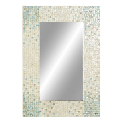 Mother of Pearl Shell Handmade Mosaic Wall Mirror with Blue Corners - Cream - Roche River Decor