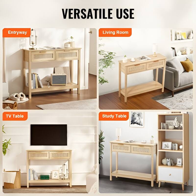Natural Rattan Entryway Table with 2 Drawers, Storage Console - 39.37 × 11.81 × 29.33 in