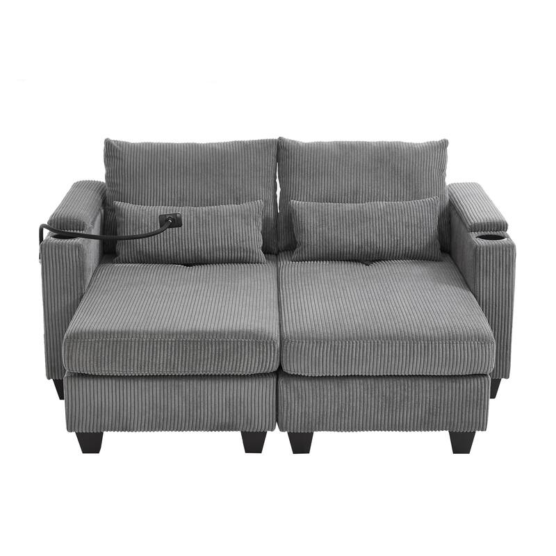 63" Convertible Corduroy Sofa Bed with USB Ports, Cup Holders, Storage, Grey