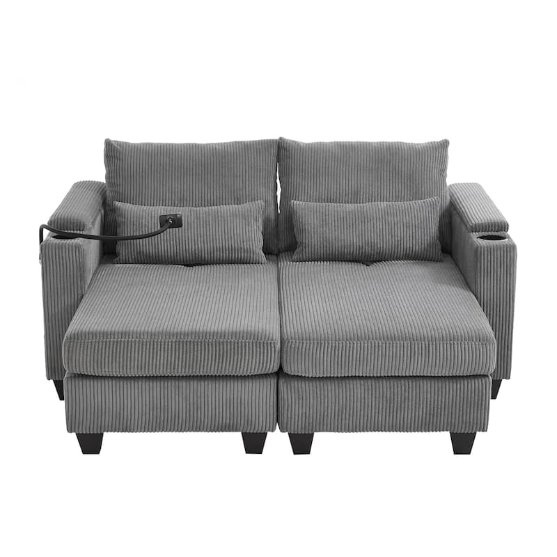 Roomfitters Convertible Corduroy Loveseat Sofa Bed with USB Ports, Cup Holders, Phone Slot and Storage for Living Room