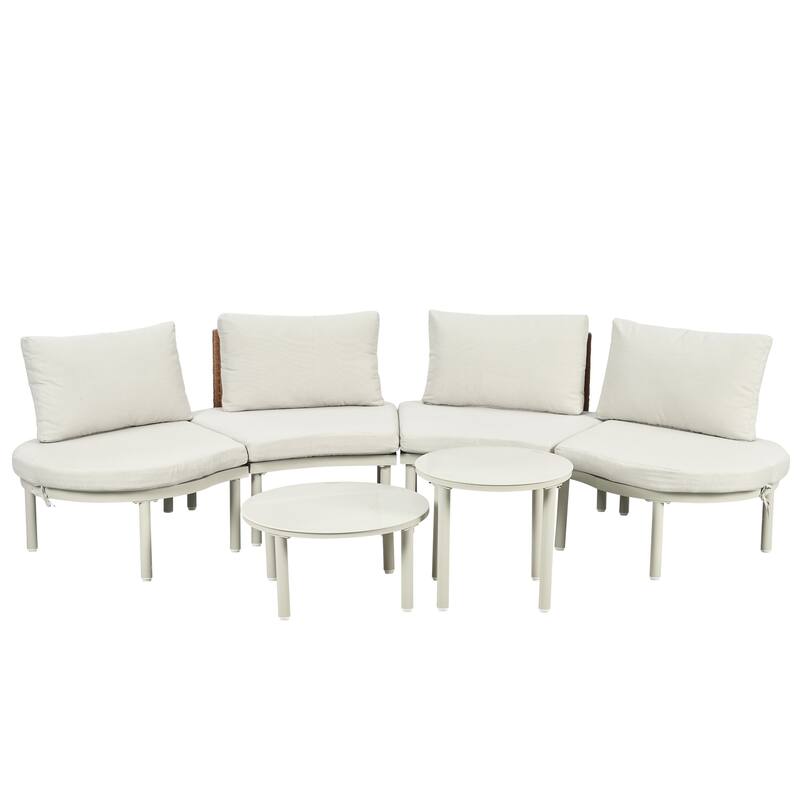 6-Piece Patio Half Moon Sofa Set with 2 High-Low Coffee Tables, 4 Pillows & Cushions