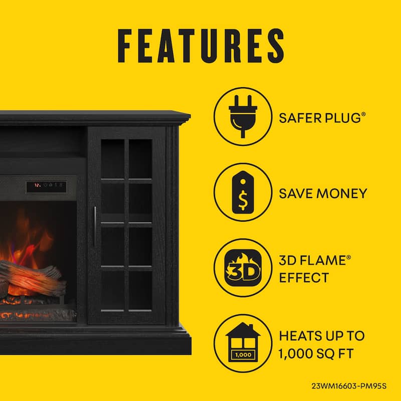 duraflame® Electric Fireplace Media Mantel for TVs up to 65 inches and Storage Cabinets, Black Embossed Ash
