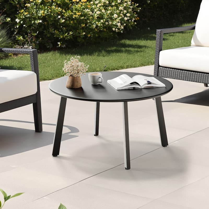Black Iron Round Patio Coffee Table with Adjustable Feet - 27.6 x 27.6 x 15.4 in