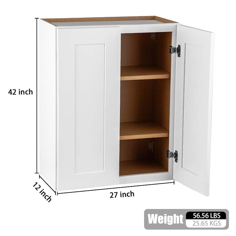 27 Inch White Shaker Double Door Wall Cabinet Solid Wood with 3 adjustable shelves Ready to Assemble for Kitchen
