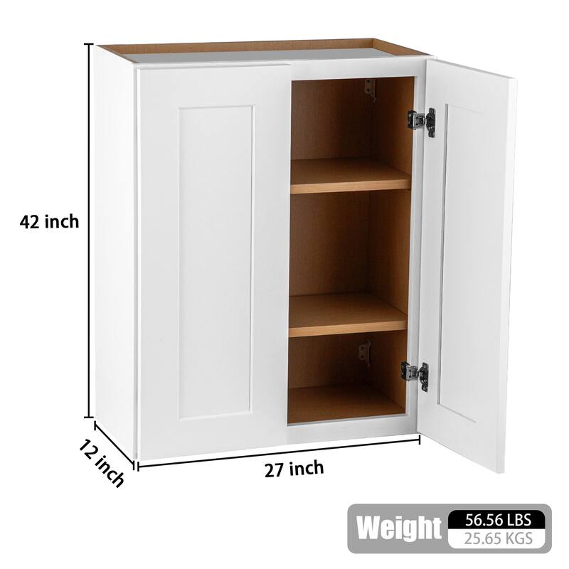 White Solid Wood Double Door Wall Cabinet 2 Doors and 3 Shelves for Kitchen Storage, Adjustable Shelves (27"W×12"D×42"H)