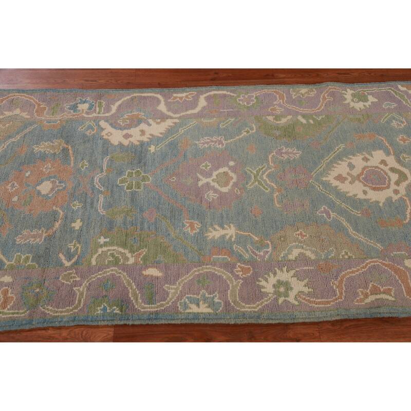 Hand Knotted Oriental 100% Wool Carpet Transitional All-Over Navy Blue & Blues Oushak Runner Rug - 9' 9'' X 3' 3''