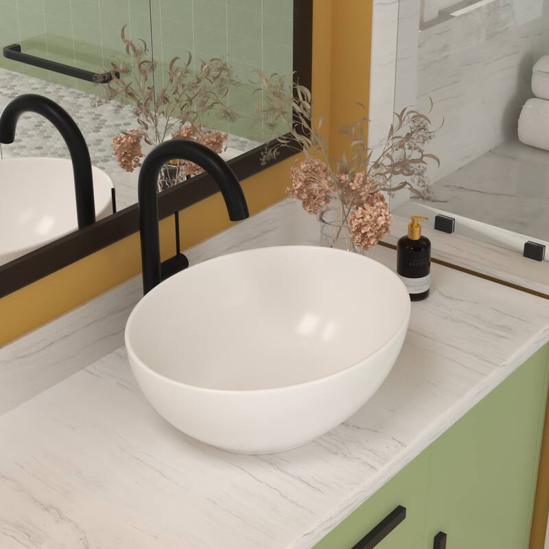 Sleek White Bathroom Vessel Sink - Contemporary Design, Durable Ceramic, and Easy Countertop Installation - 16in L