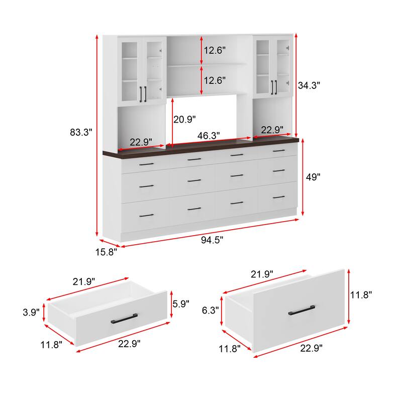 Panrty Storage Cabinet w/Glass Display Hutch Buffet Drawers Sideboard