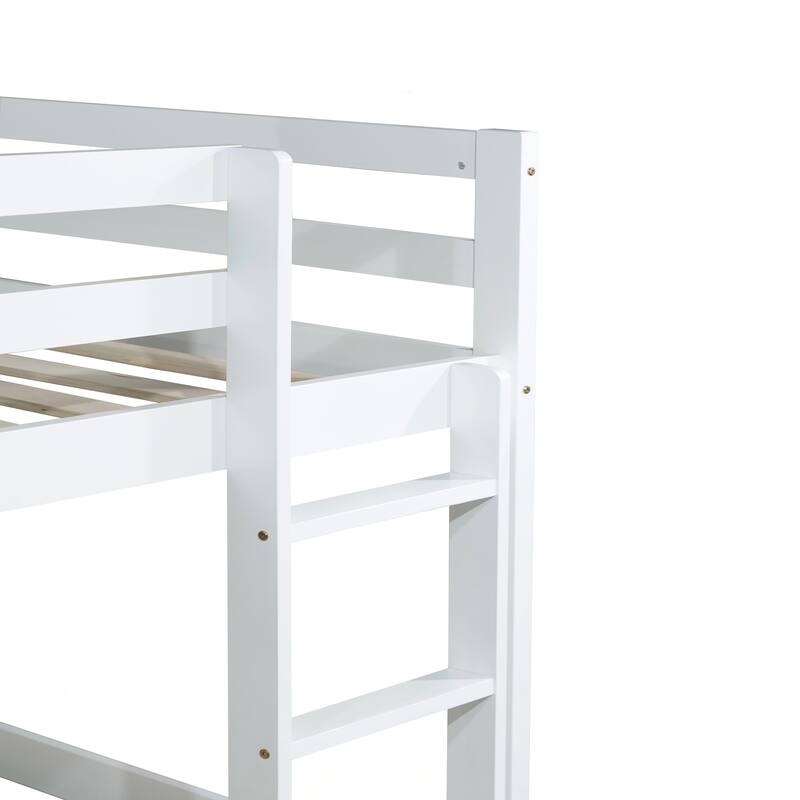 Wooden Twin over Twin Floor Bunk Bed with Ladder, with Bed Platform of Strengthened Slats