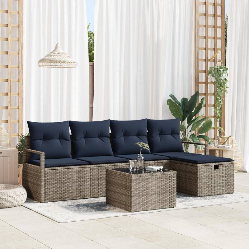 vidaXL 5/6 Garden Sofa Set with Cushions Black/Brown/Grey Poly Rattan - 90.6 x 46.1 x 27.2 - Grey/Navy blue with table