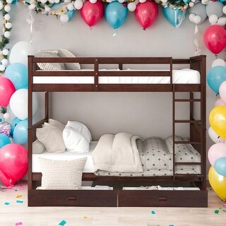 Full over Full Bunk Bed With Ladders and Two Storage Drawers for Bedroom