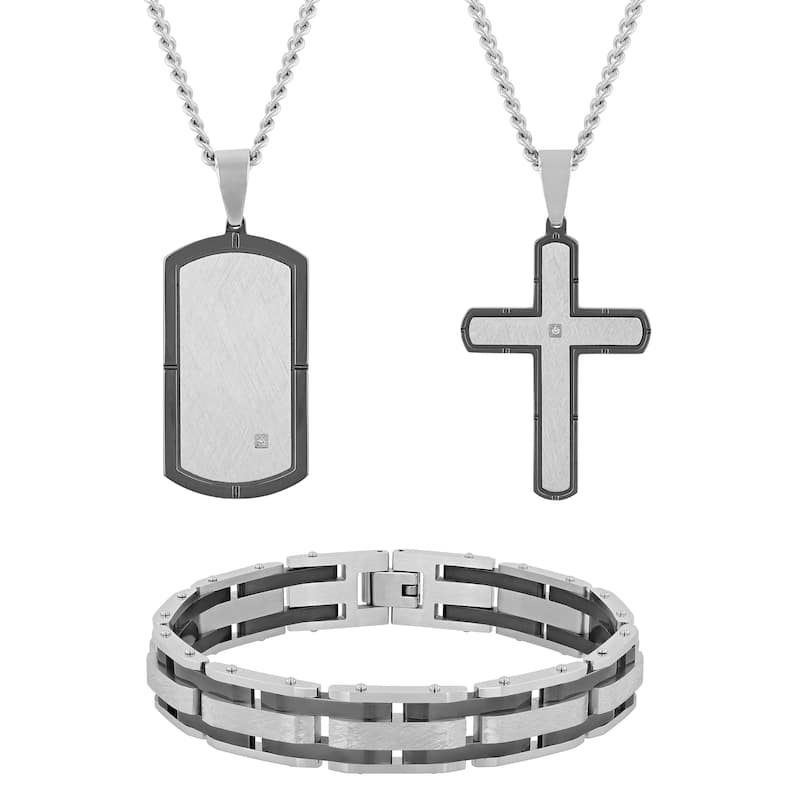 Steel Nation Stainless Steel Black Brushed Finish Diamond 3pc Set 0.02ctw (Dog Tag, Cross, and Bracelet)