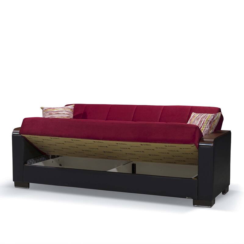 HomeRoots 87" Burgundy Microfiber And Faux Leather Convertible Futon Sleeper Sofa And Toss Pillows With Storage
