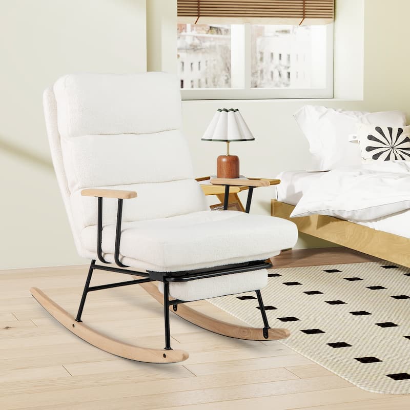 White Teddy Velvet Rubber Wood Rocking Chair with Adjustable Backrest and Footrest - 38" x 25.5" x 38"