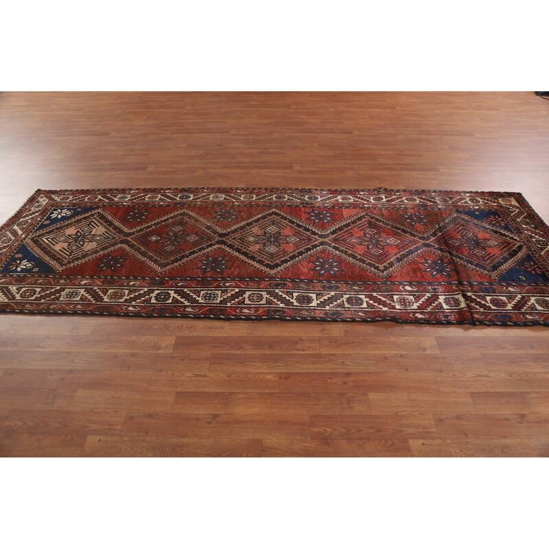 Hand Knotted Oriental 100% Wool Carpet Traditional Geometric Red Hamedan Runner Rug - 9' 10'' X 3' 8''
