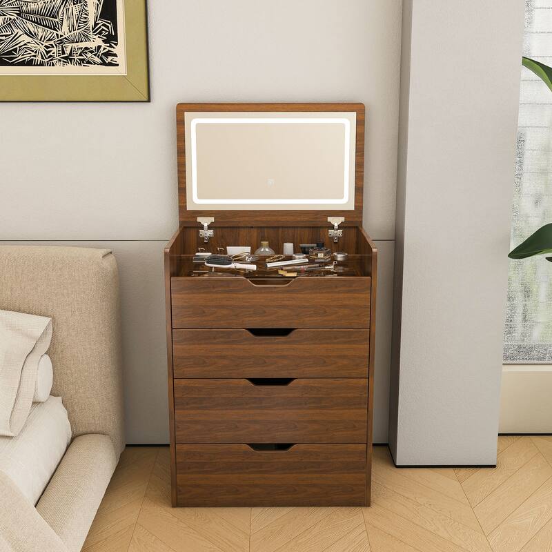 3-in-1 Vanity Desk with Flip Top LED Lighted Mirror, Compact Dressing Table and Makeup Stool Set