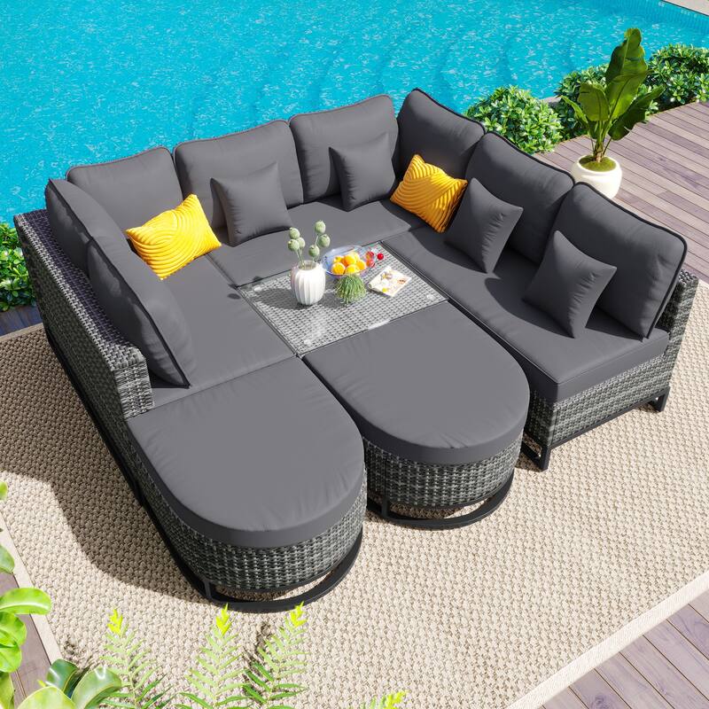 7-Piece Outdoor Wicker Sectional Sofa Set, All-Weather Patio Rattan Furniture Set with Coffee Table and Pillows - Gray