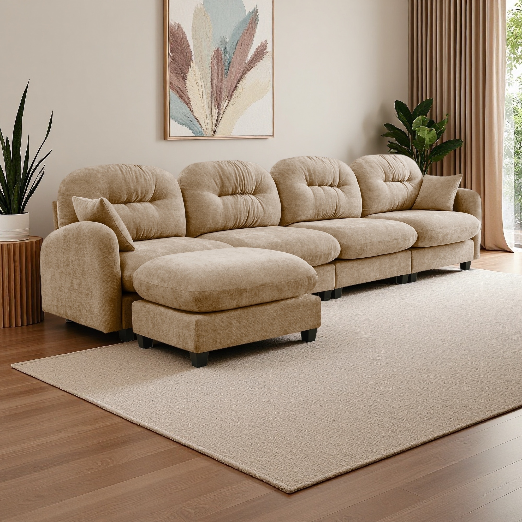 140" Chenille Modular L-Shaped Sectional with Ottoman and Tufted Backrest
