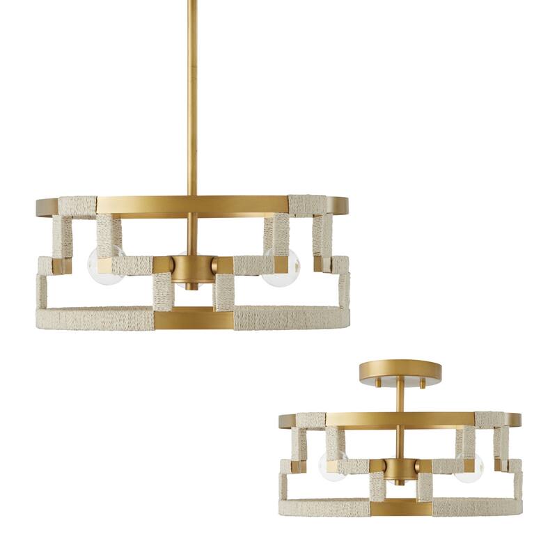 Hala 3-light Bleached Natural Jute/ Patinaed Brass Dual Mount Semi-Flush/ Pendant