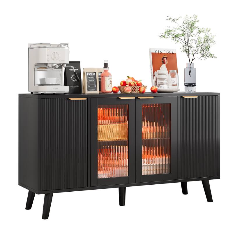 Fluted LED Sideboard Buffet Cabinet with Glass Doors, Modern Credenza Storage for Living Room, Kitchen & Entryway