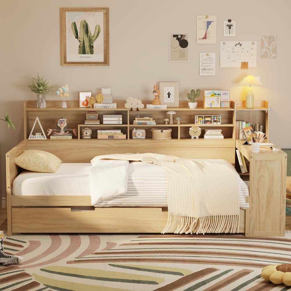 Wooden Twin/Full Size Daybed with Trundle Bed, Multi-functional Corner Platform Sofa Bed Frame with Storage Headboard and Desk