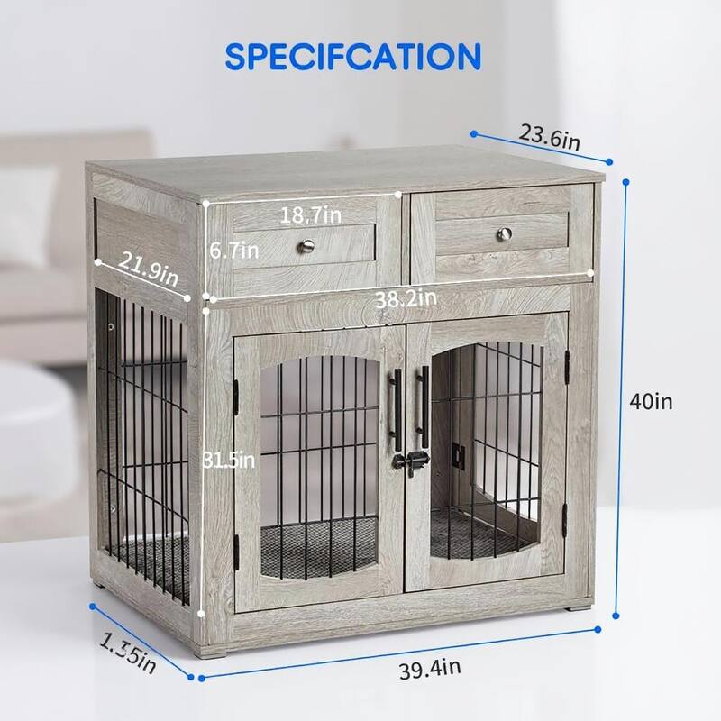 3-Doors Dog Crate Furniture, with 2 Drawers