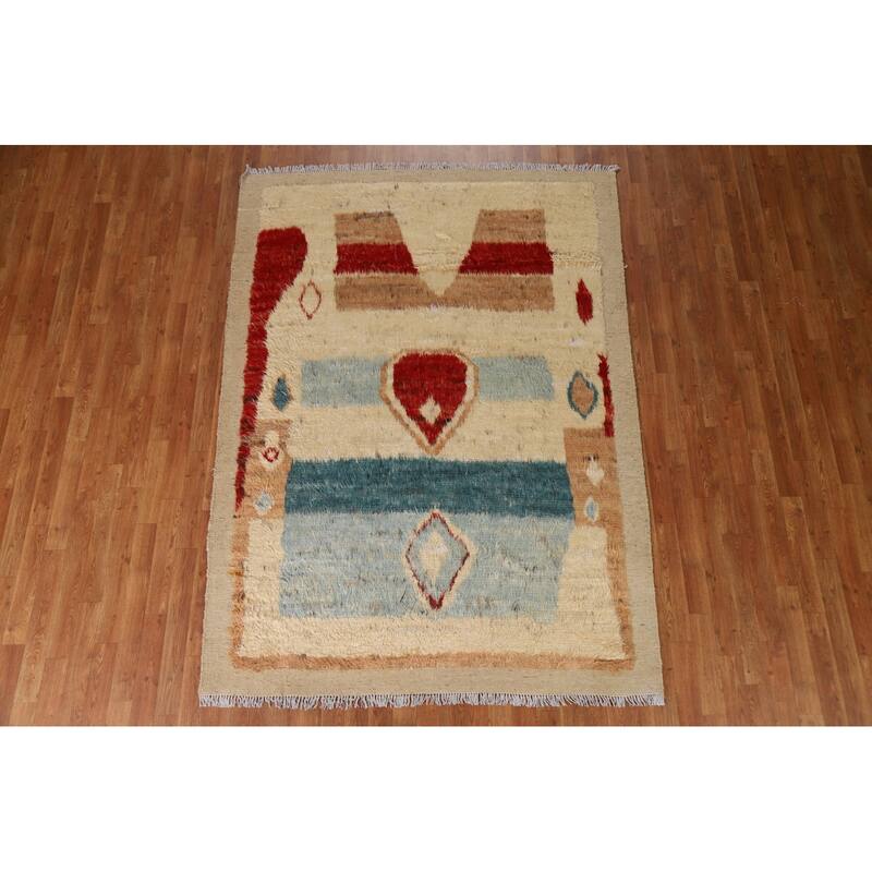 Hand Knotted Oriental 100% Wool Carpet Modern Tribal Beige & Ivories Moroccan Area Rug - 7' 10'' X 5' 7''