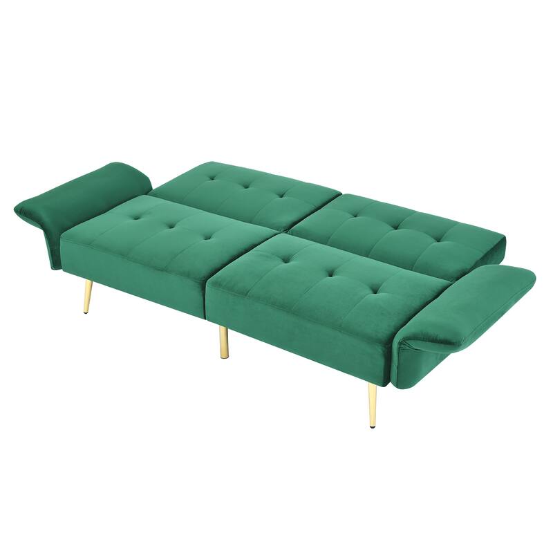 Italian Velvet Convertible Sleeper Sofa Bed with with Folded Armrests and Storage Bags
