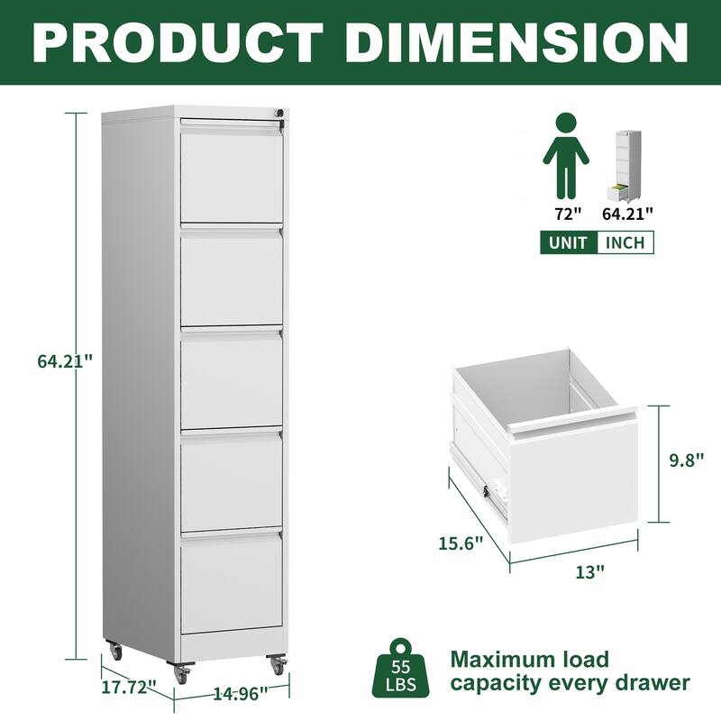 5 Drawer Metal Vertical File Cabinet with Lock on Wheels for Home Office,Heavy Duty Metal Storage Cabinet