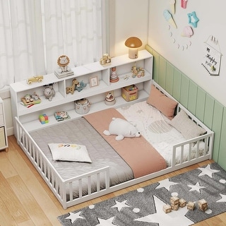 Full Size Wooden Bed Montessori Bed Frame w/ Storage Shelves