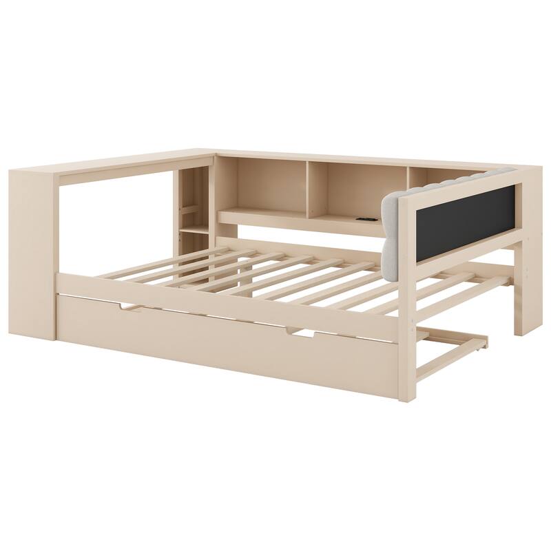 Wood Full/Twin Platform Bed with Storage Shelves, Trundle, Charging Station & Upholstered Headboard
