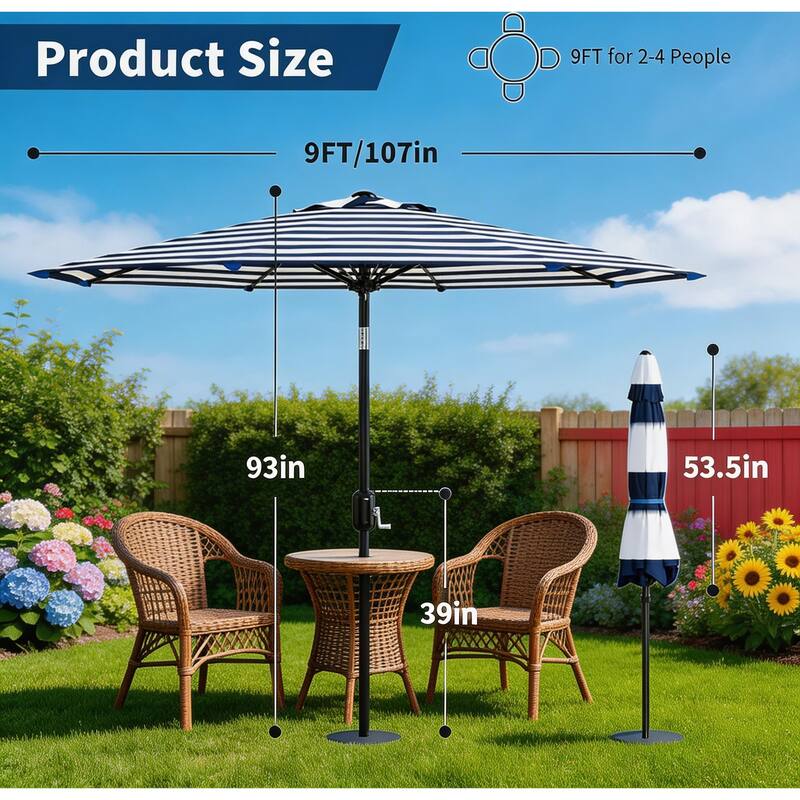9 ft Patio Umbrella, with Crank Lift & Push Button Tilt, 8 Sturdy Ribs