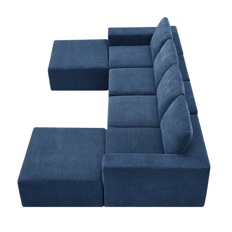 Modular U-Shaped Sectional Sofa with 2 Ottomans, Chenille Cloud Floor Couch, Fully Compressed Upholstered Sofa