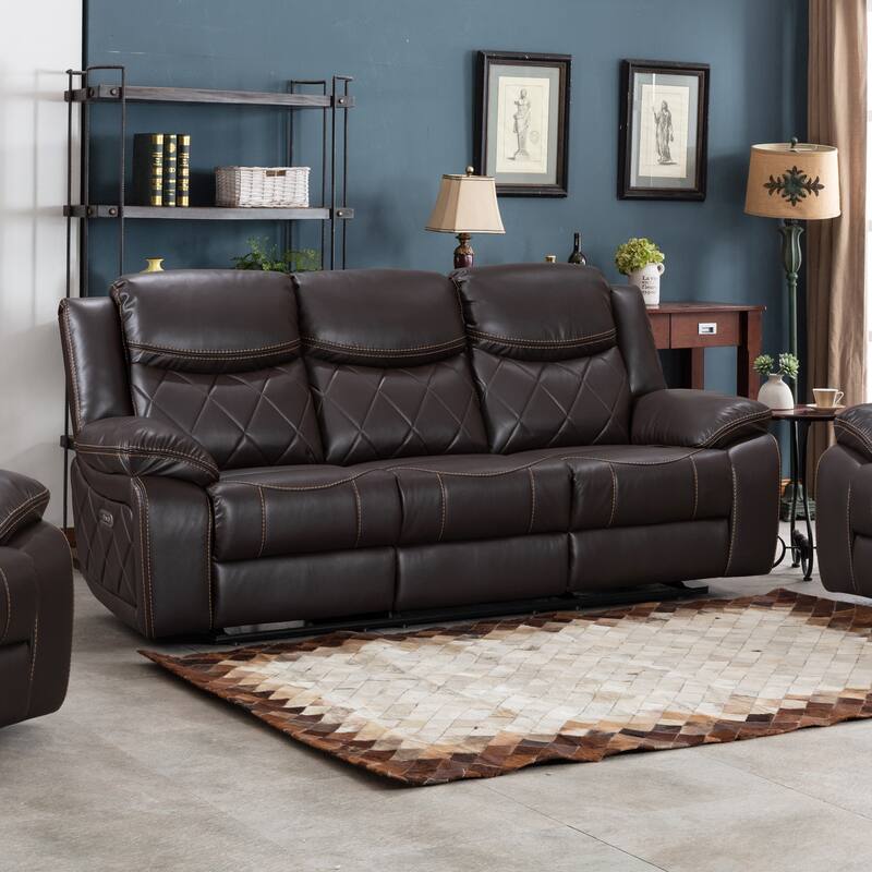 Contemporary Living Room Faux Leather Upholstered Power Reclining Sofa - Brown