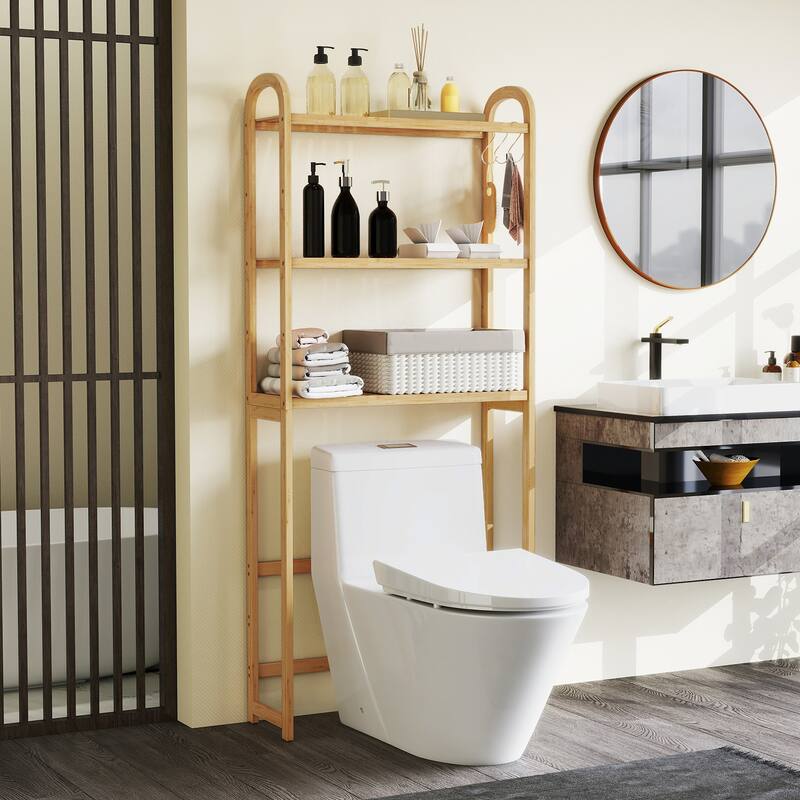 Gymax Bamboo over the Toilet Storage Shelf w/3-tier Open Shelf - Natural