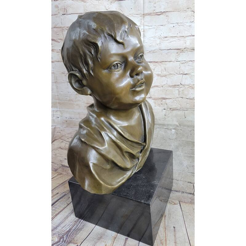 Bronze Metal Bust Statue Sculpture Of Young Boy Child On Marble Base Signed Original Art
