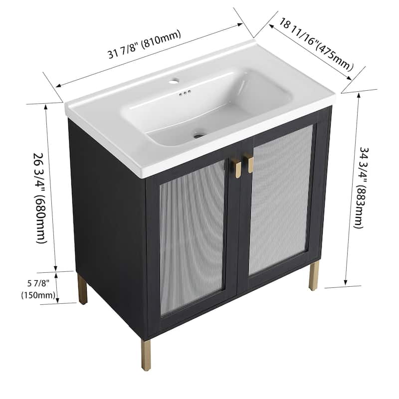 24/32 inch Freestanding Bathroom Vanity Set in Black with Integrated Ceramic Sink