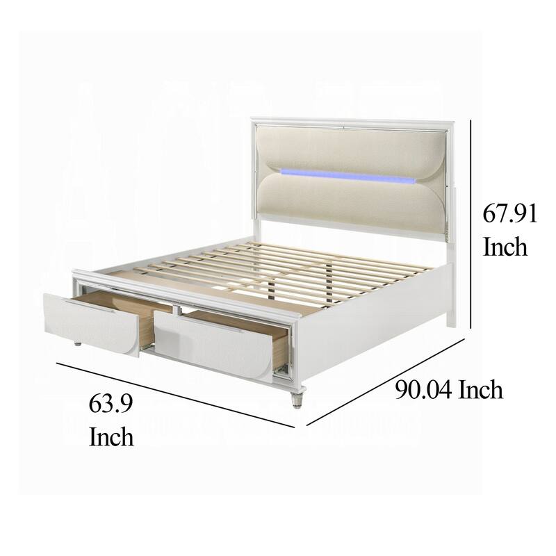 Rara Queen Size Bed, 2 Storage Drawers, LED, White Boucle Upholstery