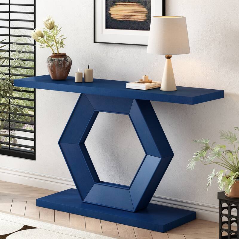 Modern Console Table with Hollow Hexagon Base, 55.1 Inch Wooden Entryway Table Sofa Table with Premium Fir Veneer Finish