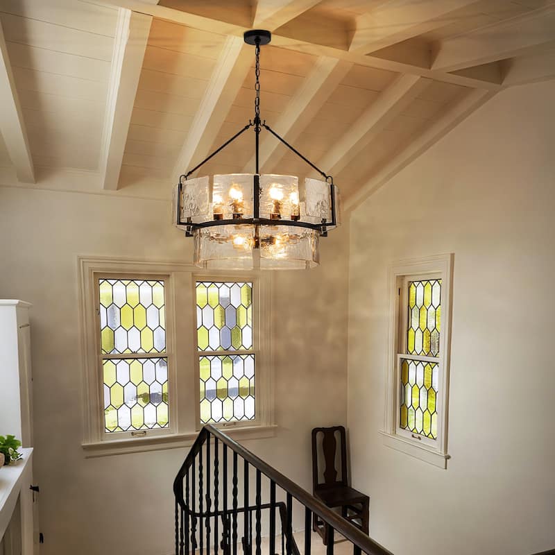 Dimmable Large Drum Glass Chandelier for Dining Room High Ceiling Living Room