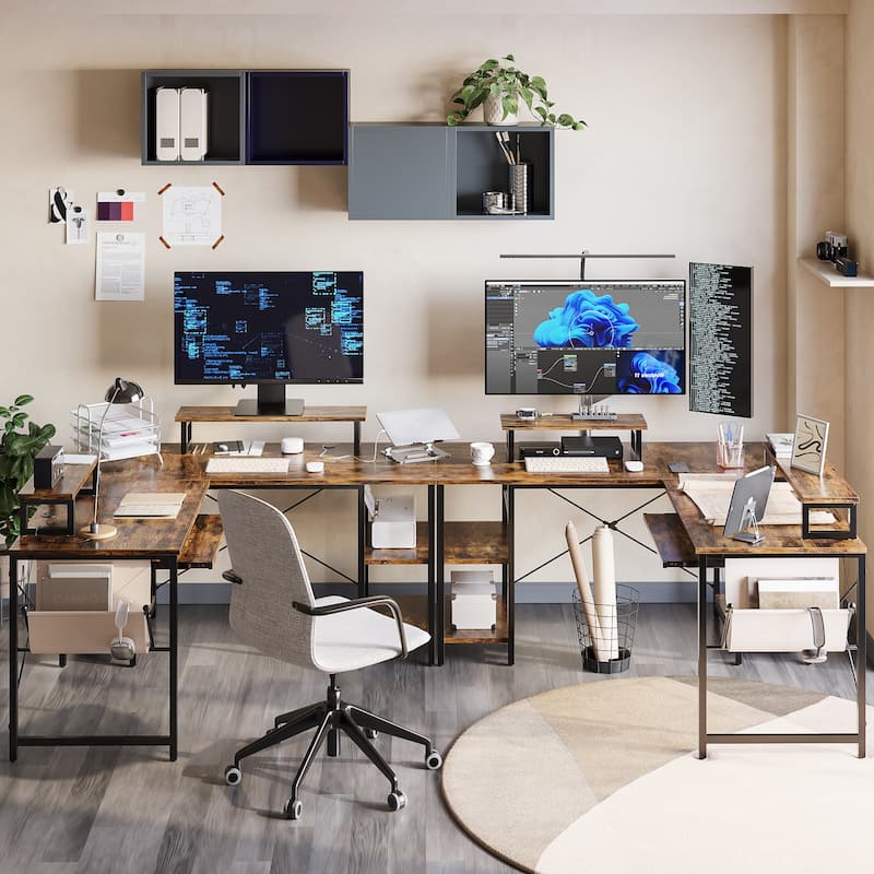 L Shaped Desk LED 95.2 Inch Computer Corner Desk with Keyboard Tray Monitor Stand