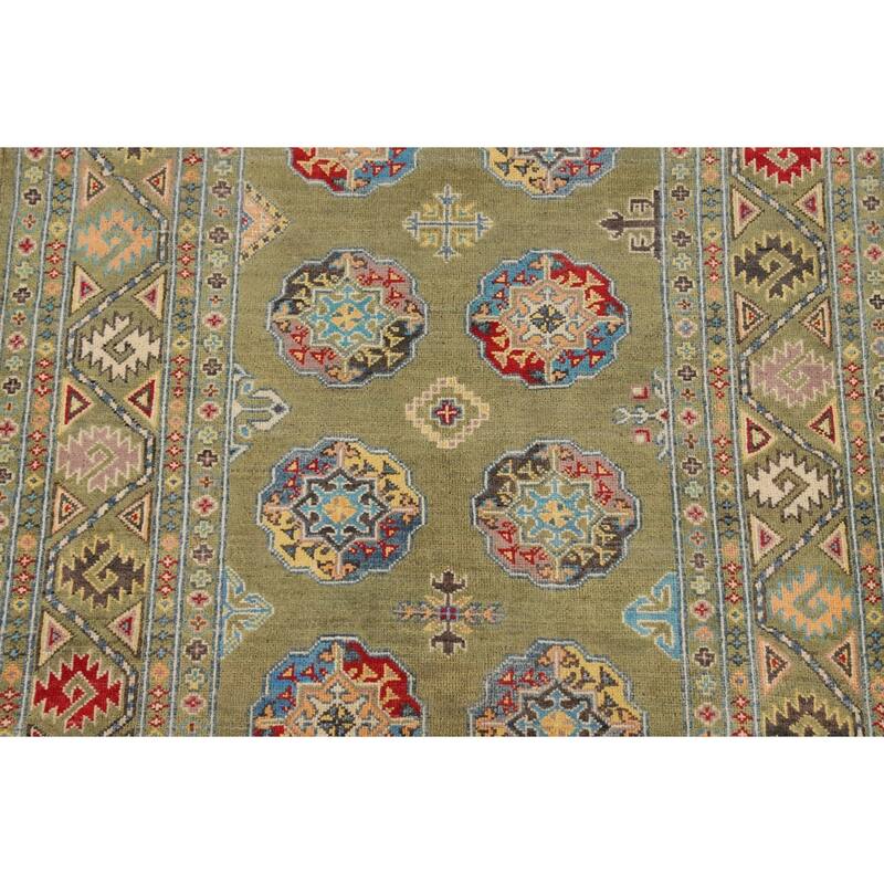 Geometric Kazak Oriental Area Rug Handmade Green Wool Carpet - 4'0" x 6'2"