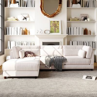 L-Shaped Sofa Sectional Couch & Chaise&Removable Ottoman&Pillow, White