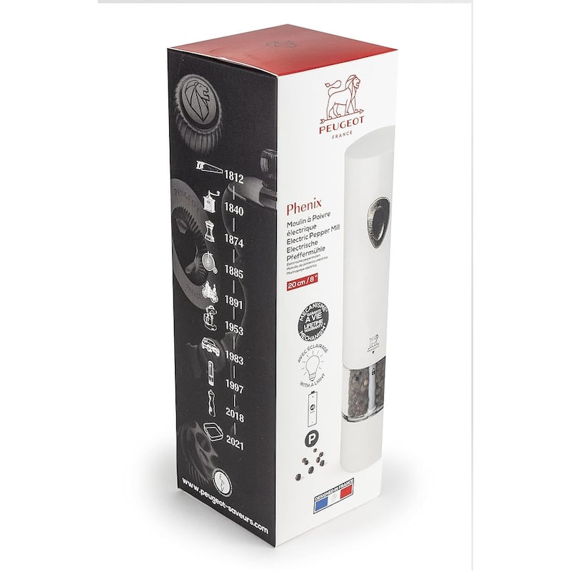 Peugeot PHENIX White Lacquered Stainless Steel Electric Adjustable Salt & Pepper Mill Gift Set, 8-inch
