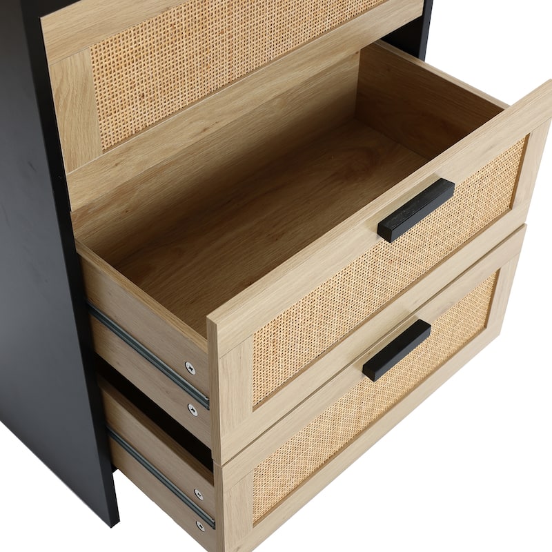 Black and Brown Wood 3-Drawer Rattan Chest