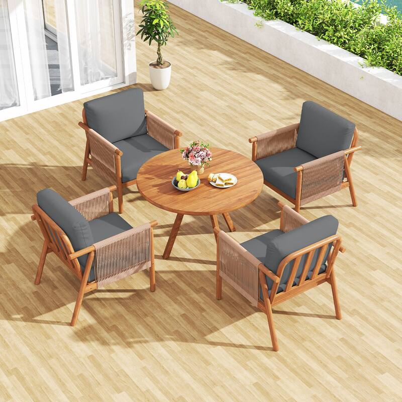 Gymax 4PCS Patio Acacia Wood Chair w/ Woven Rope Armrests & Seat Back